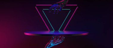 Robot el teknolojisinin fütüristik siber punk gösterimi, oyun bilimkurgu sahne kaidesi arka planı, neon ışıklı podyumun oyuncu pankartı. 