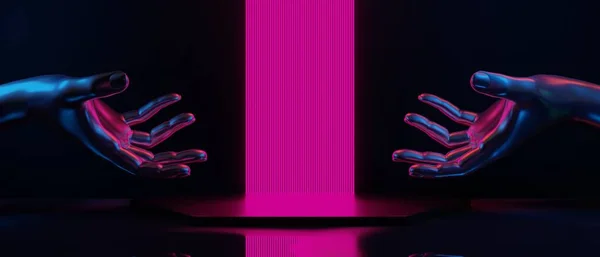 机器人手工技术未来主义网络庞克展示 游戏科学性舞台底座背景 霓虹灯台游戏横幅标识的三维图解绘制 — 图库照片