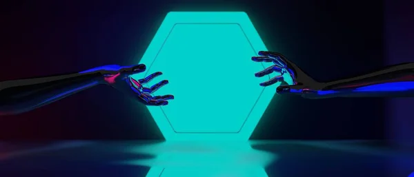 Ilustração Renderização Robô Mão Tecnologia Futurista Exibição Cyberpunk Jogo Scifi — Fotografia de Stock