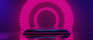 Robot el teknolojisinin fütüristik siber punk gösterimi, oyun bilimkurgu sahne kaidesi arka planı, neon ışıklı podyumun oyuncu pankartı. 