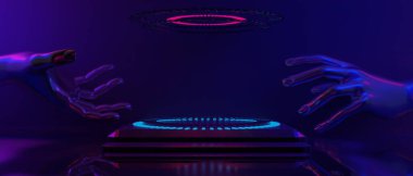 Robot el teknolojisinin fütüristik siber punk gösterimi, oyun bilimkurgu sahne kaidesi arka planı, neon ışıklı podyumun oyuncu pankartı. 