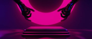 Robot el teknolojisinin fütüristik siber punk gösterimi, oyun bilimkurgu sahne kaidesi arka planı, neon ışıklı podyumun oyuncu pankartı. 