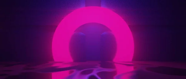 ロボットハンド技術の3Dイラストレンダリング未来的なサイバーパンクディスプレイ ゲームのScfiステージ台座の背景 ネオン輝くスタンドの表彰台のゲーマーバナーサイン — ストック写真