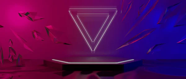 技術の3Dイラストレンダリング未来的なサイバーパンクディスプレイ ゲームのScfiステージ台座の背景 製品のためのネオン輝くスタンド表彰台のゲーマーのバナー看板 — ストック写真