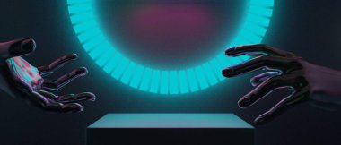 Teknoloji fütüristik siber punk görüntüleme, oyun bilimkurgu sahne kaidesi arka planı, neon ışıklı kürsü ürün podyumunun oyuncu pankartı