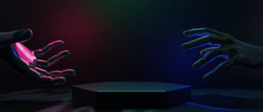 Teknoloji fütüristik siber punk görüntüleme, oyun bilimkurgu sahne kaidesi arka planı, neon ışıklı kürsü ürün podyumunun oyuncu pankartı