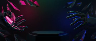 Teknoloji fütüristik siber punk görüntüleme, oyun bilimkurgu sahne kaidesi arka planı, neon ışıklı kürsü ürün podyumunun oyuncu pankartı