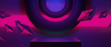 Teknoloji fütüristik siber punk görüntüleme, oyun bilimkurgu sahne kaidesi arka planı, neon ışıklı kürsü ürün podyumunun oyuncu pankartı