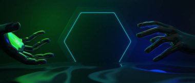 Teknoloji fütüristik siber punk görüntüleme, oyun bilimkurgu sahne kaidesi arka planı, neon ışıklı kürsü ürün podyumunun oyuncu pankartı