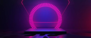 Teknoloji fütüristik siber punk görüntüleme, oyun bilimkurgu sahne kaidesi arka planı, neon ışıklı kürsü ürün podyumunun oyuncu pankartı