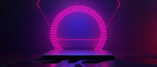 技术未来主义网络庞克展示 游戏科学性舞台底座背景 产品霓虹灯台游戏横幅标识的三维图解绘制 — 图库照片