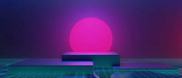 技术未来主义网络庞克展示 游戏科学性舞台底座背景 产品霓虹灯台游戏横幅标识的三维图解绘制 — 图库照片
