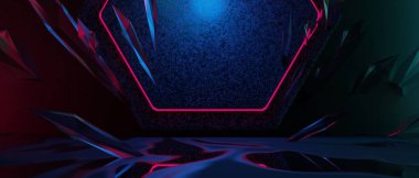 Teknoloji fütüristik siber punk görüntüleme, oyun bilimkurgu sahne kaidesi arka planı, neon ışıklı kürsü ürün podyumunun oyuncu pankartı