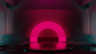 Teknolojinin fütürist siber punk gösterimi, oyun bilimkurgu sahne kaidesi arka planı, neon ışıklı stand ürün satışı için tabela işareti