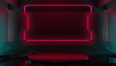 Teknolojinin fütürist siber punk gösterimi, oyun bilimkurgu sahne kaidesi arka planı, neon ışıklı stand ürün satışı için tabela işareti