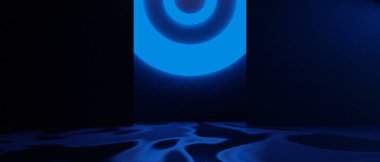 Teknolojinin fütürist siber punk gösterimi, oyun bilimkurgu sahne kaidesi arka planı, neon ışıklı stand ürün satışı için tabela işareti