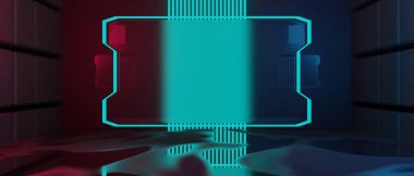 Teknolojinin fütürist siber punk gösterimi, oyun bilimkurgu sahne kaidesi arka planı, neon ışıklı stand ürün satışı için tabela işareti