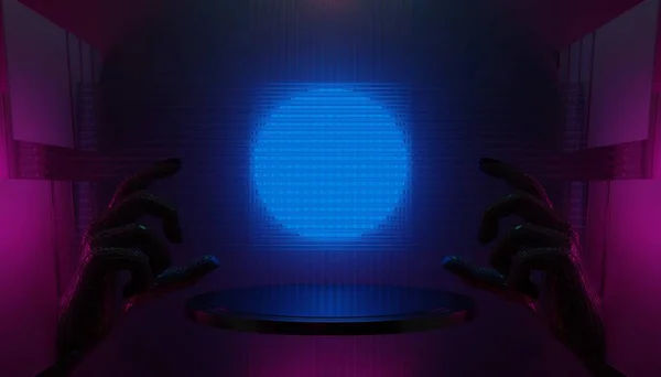 Illustration Rendering Technology Futuristic Cyberpunk Display Gaming Scifi Stage Pedestal — Stok Foto