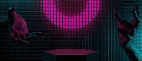 技術の3Dイラストレンダリング未来的なサイバーパンクディスプレイ ゲームのScfiステージ台座の背景 製品販売のためのネオン輝くスタンド表彰台のゲーマーのバナー看板 — ストック写真