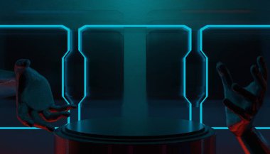 Teknolojinin fütürist siber punk gösterimi, oyun bilimkurgu sahne kaidesi arka planı, neon ışıklı stand ürün satışı için tabela işareti