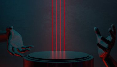 Teknolojinin fütürist siber punk gösterimi, oyun bilimkurgu sahne kaidesi arka planı, neon ışıklı stand ürün satışı için tabela işareti