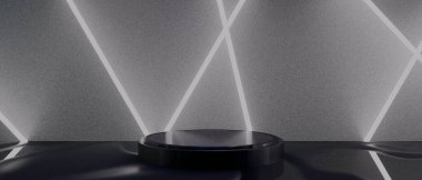 Teknolojinin fütürist siber punk gösterimi, oyun bilimkurgu sahne kaidesi arka planı, neon ışıklı stand ürün satışı için tabela işareti