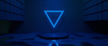 Teknolojinin fütürist siber punk gösterimi, oyun bilimkurgu sahne kaidesi arka planı, neon ışıklı stand ürün satışı için tabela işareti