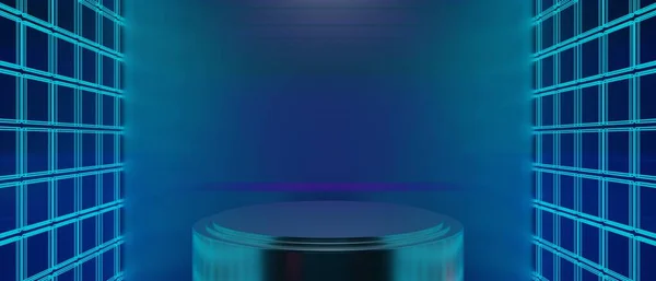 技術の3Dイラストレンダリング未来的なサイバーパンクディスプレイ ゲームのScfiステージ台座の背景 製品販売のためのネオン輝くスタンド表彰台のゲーマーのバナー看板 — ストック写真