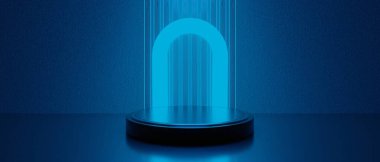 Teknolojinin fütürist siber punk gösterimi, oyun bilimkurgu sahne kaidesi arka planı, neon ışıklı stand ürün satışı için tabela işareti