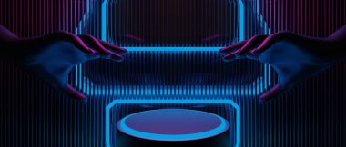 Teknolojinin fütürist siber punk gösterimi, oyun bilimkurgu sahne kaidesi arka planı, neon ışıklı stand ürün satışı için tabela işareti