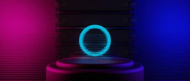 Teknolojinin fütürist siber punk gösterimi, oyun bilimkurgu sahne kaidesi arka planı, neon ışıklı stand ürün satışı için tabela işareti