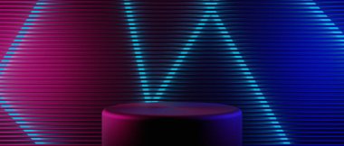 Teknolojinin fütürist siber punk gösterimi, oyun bilimkurgu sahne kaidesi arka planı, neon ışıklı stand ürün satışı için tabela işareti