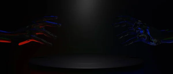 Иллюстрация Рендеринга Технологии Футуристического Киберпанка Дисплей Игровой Scifi Сцены Пьедестал — стоковое фото