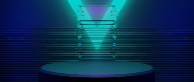 Teknolojinin fütürist siber punk gösterimi, oyun bilimkurgu sahne kaidesi arka planı, neon ışıklı stand ürün satışı için tabela işareti