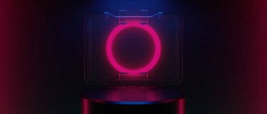 Teknolojinin fütürist siber punk gösterimi, oyun bilimkurgu sahne kaidesi arka planı, neon ışıklı stand ürün satışı için tabela işareti