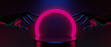 Teknolojinin fütürist siber punk gösterimi, oyun bilimkurgu sahne kaidesi arka planı, neon ışıklı stand ürün satışı için tabela işareti