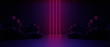 Teknolojinin fütürist siber punk gösterimi, oyun bilimkurgu sahne kaidesi arka planı, neon ışıklı stand ürün satışı için tabela işareti