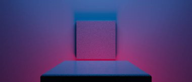 Teknolojinin fütürist siber punk gösterimi, oyun bilimkurgu sahne kaidesi arka planı, neon ışıklı stand ürün satışı için tabela işareti