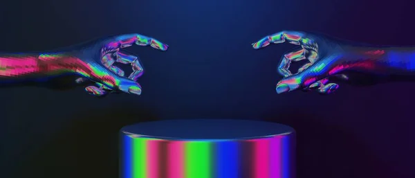 技术未来主义网络庞克展示 游戏科学性舞台底座背景 彩色迷幻荧光讲台游戏横幅符号的三维图解绘制 — 图库照片
