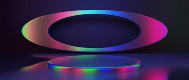 Teknolojinin fütürist siber punk gösterimi, oyun bilimkurgu sahne kaidesi arka planı, krom psikedelik floresan podyumun oyuncu pankartı.