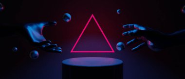 Teknolojinin fütürist siber punk gösterimi, oyun bilimkurgu sahne kaidesi arka planı, krom psikedelik floresan podyumun oyuncu pankartı.