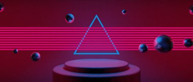 Teknolojinin fütürist siber punk gösterimi, oyun bilimkurgu sahne kaidesi arka planı, krom psikedelik floresan podyumun oyuncu pankartı.