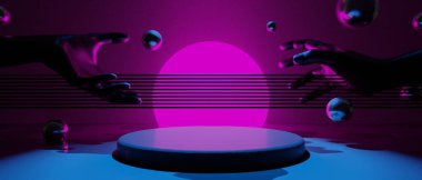 Teknolojinin fütürist siber punk gösterimi, oyun bilimkurgu sahne kaidesi arka planı, krom psikedelik floresan podyumun oyuncu pankartı.