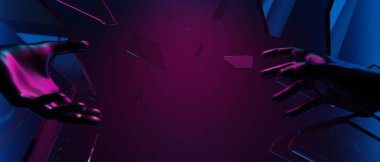 Teknolojinin fütürist siber punk gösterimi, oyun bilimkurgu sahne kaidesi arka planı, krom psikedelik floresan podyumun oyuncu pankartı.