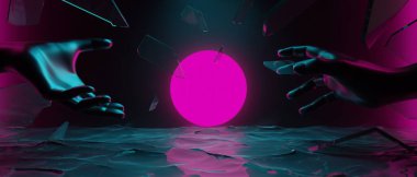 Teknolojinin fütürist siber punk gösterimi, oyun bilimkurgu sahne kaidesi arka planı, krom psikedelik floresan podyumun oyuncu pankartı.