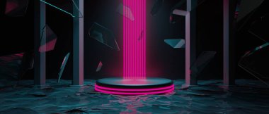 Teknolojinin fütürist siber punk gösterimi, oyun bilimkurgu sahne kaidesi arka planı, krom psikedelik floresan podyumun oyuncu pankartı.