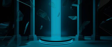 Teknolojinin fütürist siber punk gösterimi, oyun bilimkurgu sahne kaidesi arka planı, krom psikedelik floresan podyumun oyuncu pankartı.