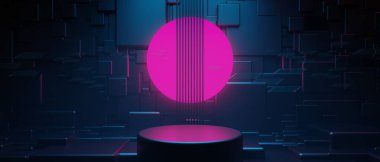 Teknolojinin fütürist siber punk gösterimi, oyun bilimkurgu sahne kaidesi arka planı, krom psikedelik floresan podyumun oyuncu pankartı.