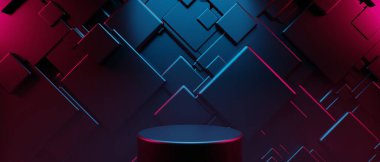 Teknolojinin fütürist siber punk gösterimi, oyun bilimkurgu sahne kaidesi arka planı, krom psikedelik floresan podyumun oyuncu pankartı.