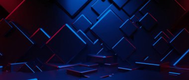 Teknolojinin fütürist siber punk gösterimi, oyun bilimkurgu sahne kaidesi arka planı, krom psikedelik floresan podyumun oyuncu pankartı.